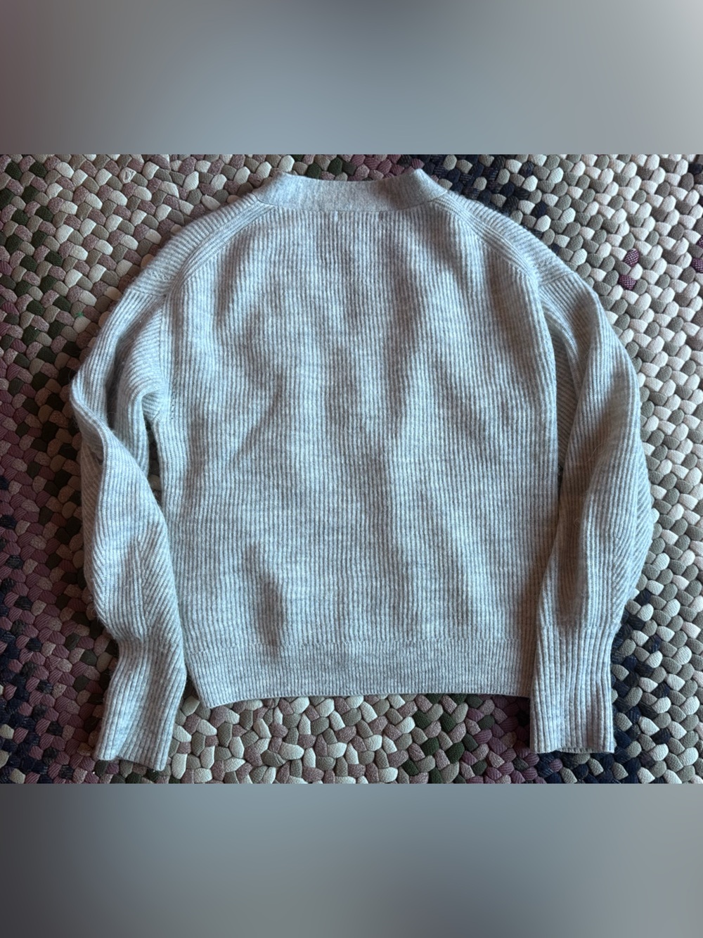 Quince Light Gray Ribbed V-Neck Cardigan Sweater - Small - Picture 3 of 5
